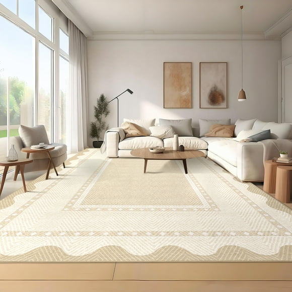 Area Rug 8x10 Washable – Ultra-Soft Low Pile Non-Slip Carpet – Spot Resistant Collapsible Floor Mat – Geometric Accent for Living Room – Soft, Durable Home Décor – Beige