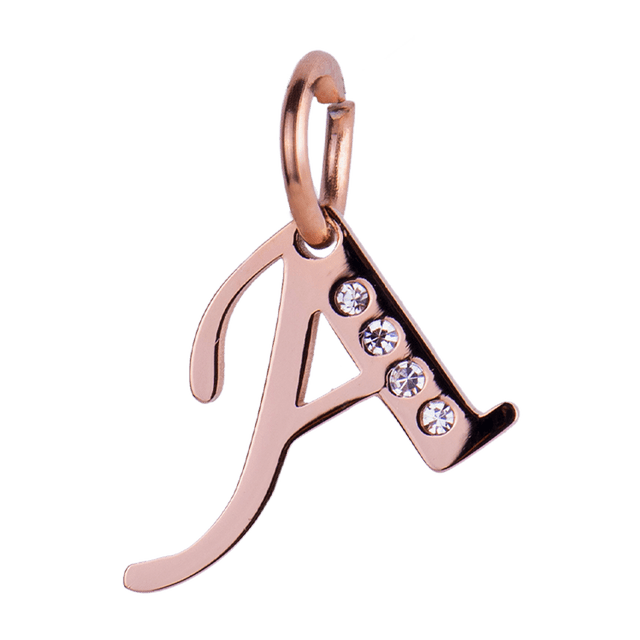 Charm para Pulsera LuckyLy, Dije Inicial Letra A, Acero Inoxidable con Baño de Oro Rosa 18k y Zirconia Cúbica, Modelo Lizzy rosa Letra A