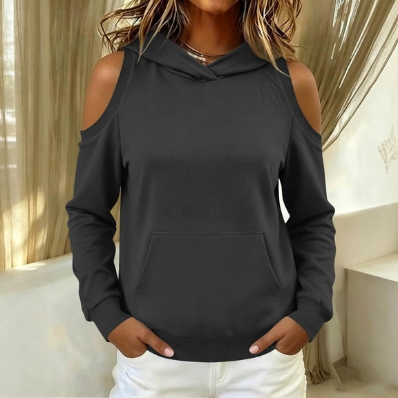 Hilzaten Loosse Hoodie for Women Kangaroo Pocket Cold Shoulder Pullover Womens Solid Hoodie
