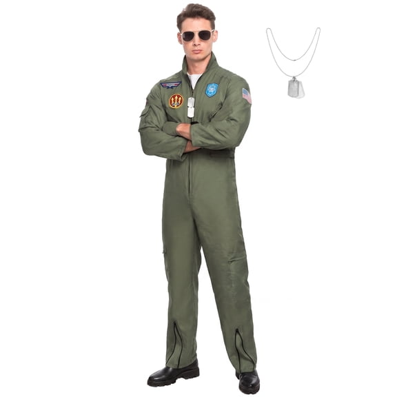 Joyfy Flight Pilot Costume for Adults Pilots Uniform Costume Movie Icon Green Jumpsuit for Men Halloween Party Fancy Dress up Cosplay