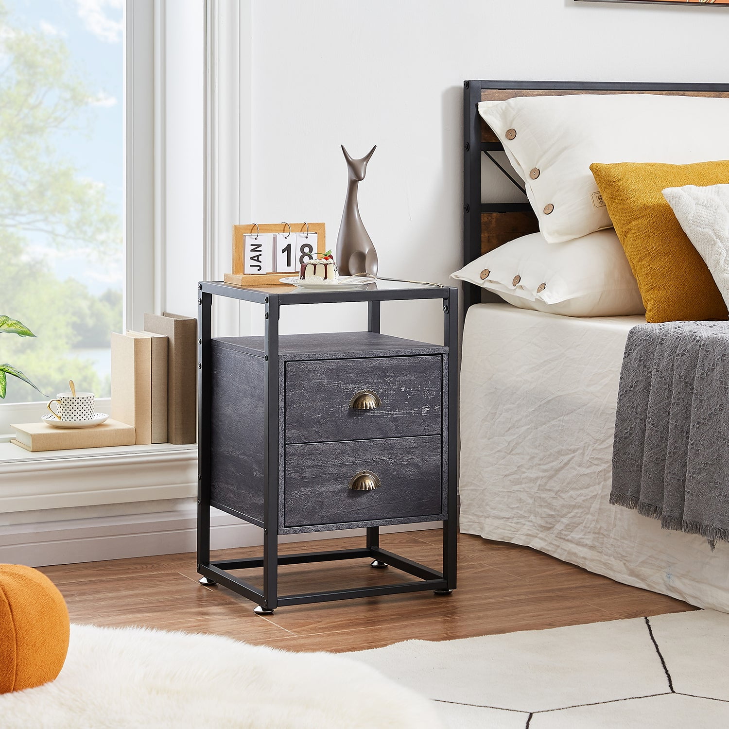 VECELO Tempered Glass Top Nightstand with 2Drawer, Modern Side End