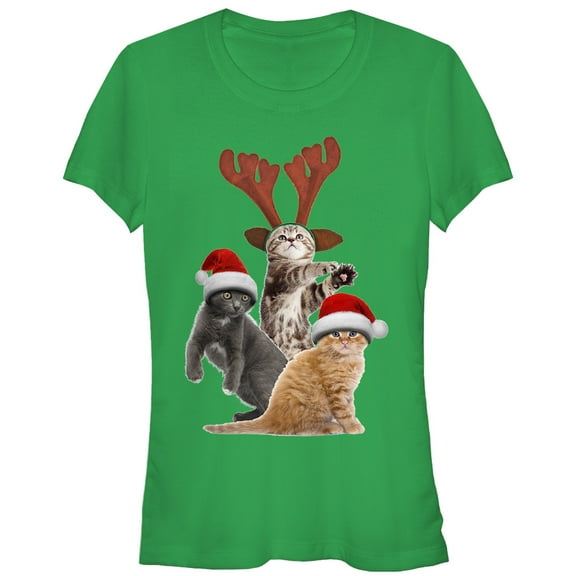 Junior's Lost Gods Ugly Christmas Cats Graphic Tee Kelly Green Large