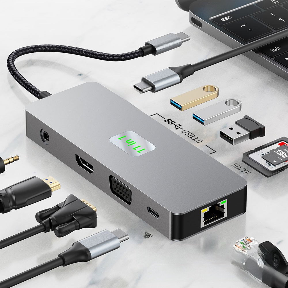 USB C HUB, USB C Adapter 11 in 1 Dongle with 4K/60HZ HDMI, VGA, PD 100W, 3 X USB 3.0,Ethernet, SD/TF Card Reader, 3.5mm Headphone Jack for iPhone 16/15 MacBook Pro/Air, Other Type C Laptops