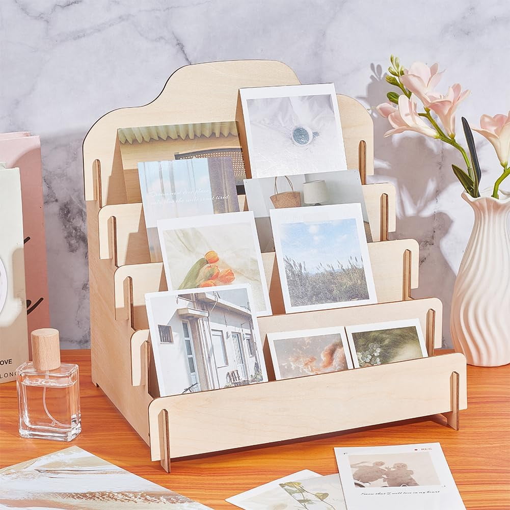 2 Sets 4 Tiers Greeting Card Display Stand Wooden Collector Display Rack Portable Birthday Cards Displays Multi-Purpose Sticker Displays Stand for Vendors Postcard Rack 11.8"x10.39"x12.6"