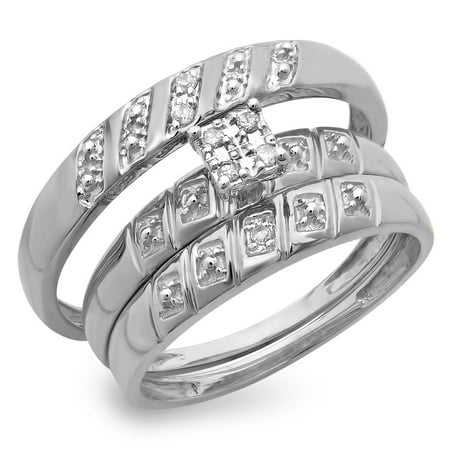0.08 Carat (ctw) 10K Gold Round White Diamond Men & Women's Engagement Ring Bridal Trio Set