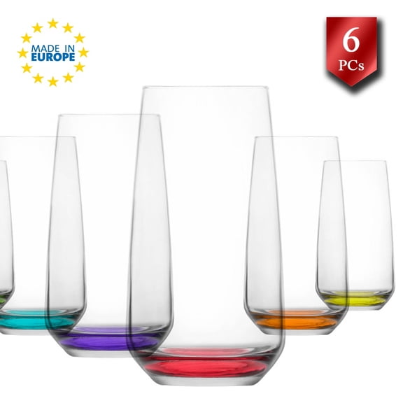 Lav Juice and Water Drinking Glasses Set of 6, Highball Kitchen Glassware Sets, Colorful Base Glass Tumblers, 16.25 oz