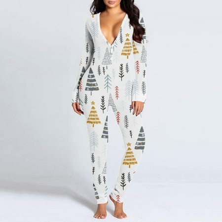 

Womens suit Womens Fashion Jumpsuit Printed Functional Button Flap Adult Long Sleeve Pajamas Fragarn