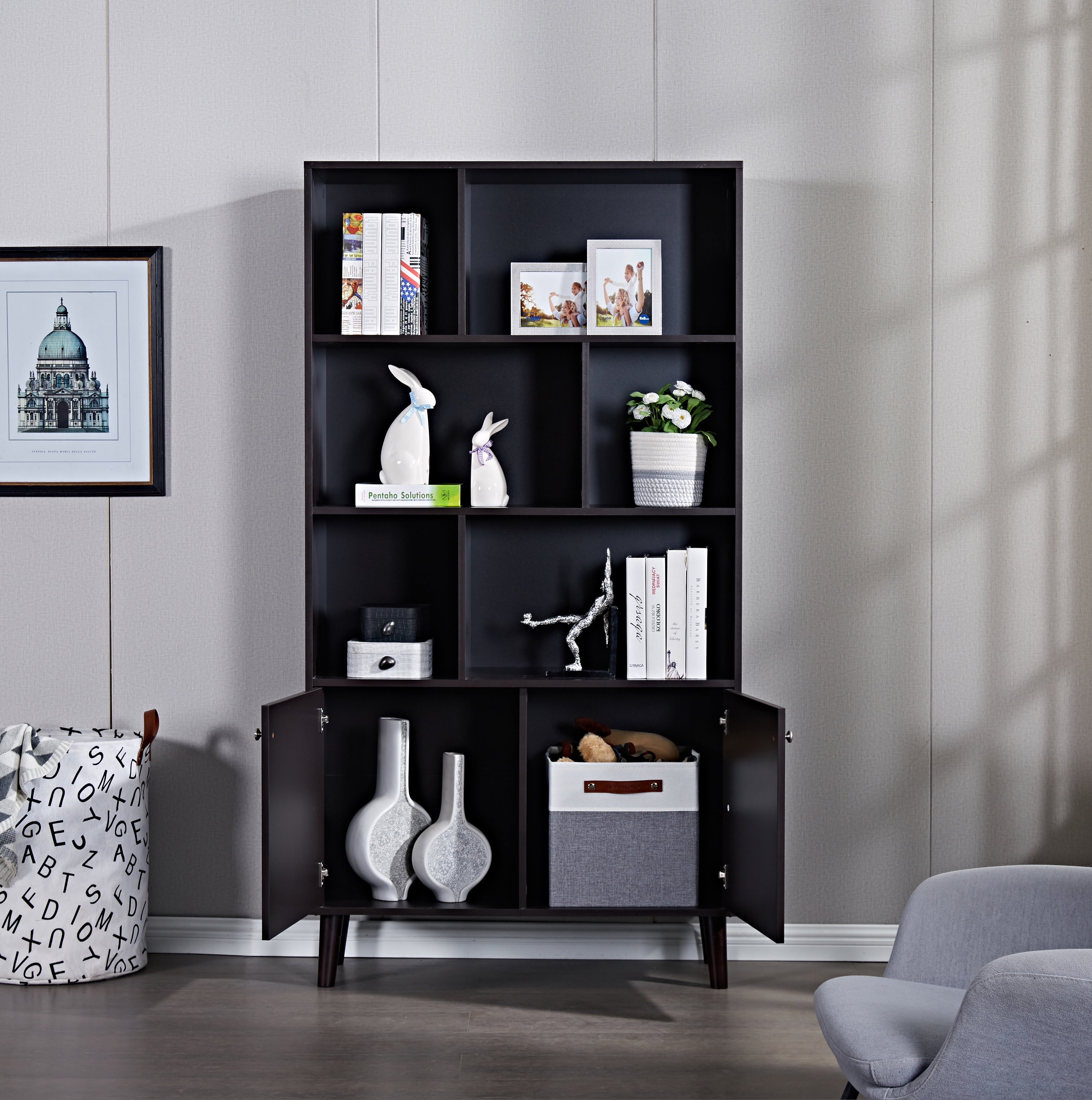 Private Jungle 3-Tier Bookcase Freestanding Bookshelf Wood Storage Display Cabinet with Open Design Shelves and Doors,Coffee Color Private Jungle 3-Tier Bookcase Freestanding Bookshelf Wood Storage Display Cabinet with Open Design Shelves and Doors,Coffee Color