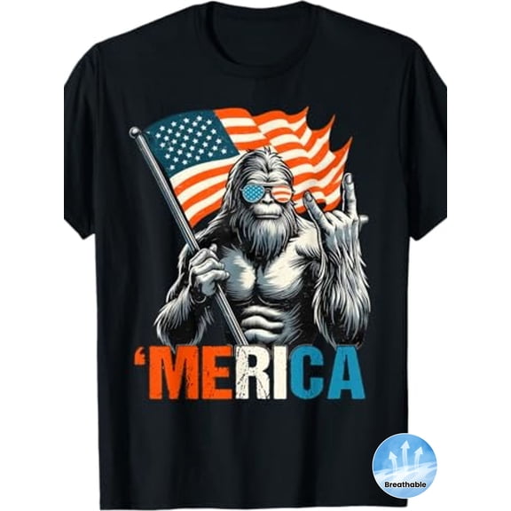 Retro Bigfoot Sasquatch American Flag Sunglasses Merica Patriotic Men's Graphic T-Shirt Funny USA Pride Cotton Tee