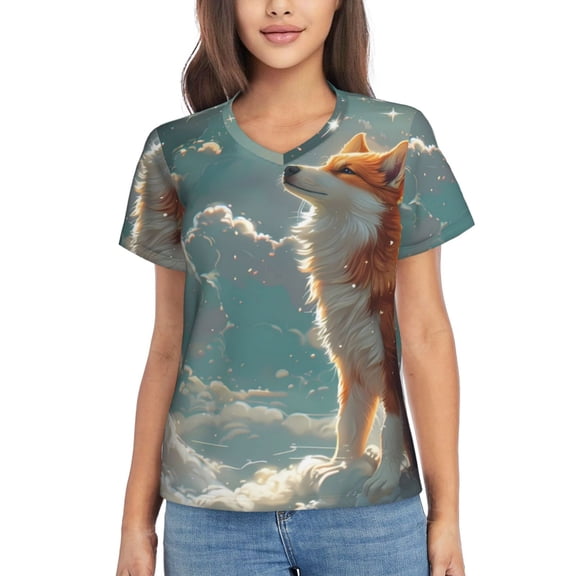 Xecao Starry Sky Cloud Fox for Women's V-Neck T-Shirts-Elegant Half-Sleeve Tops Perfect for Summer-Small