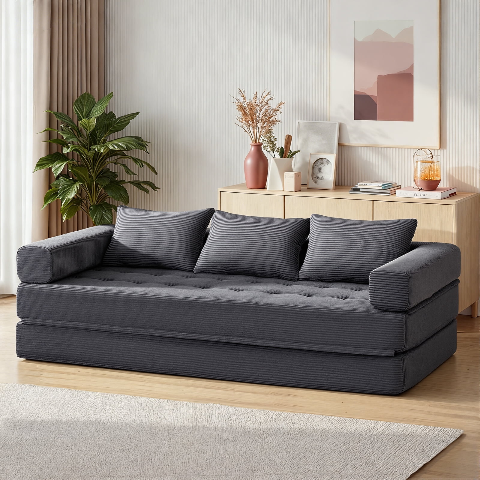 Hommpa 78" Convertible Sofa Bed Foldable Couch Bed Folding Mattress Couch, Sleeper Sofa with 3 Pillows with High Density Foam Filling, for Living Room for Holiday Festival Christmas Gift, Gray, King