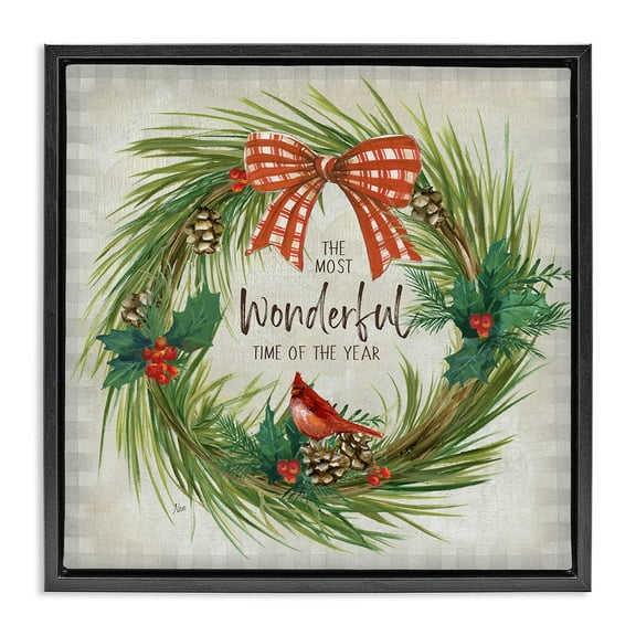 Stupell Industries Most Wonderful Time Wreath Holiday Painting Black Floater Framed Canvas Art Prints Wall Art, 18 x 18
