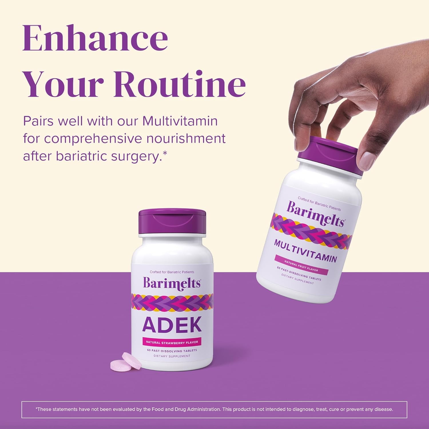 Barimelts ADEK, Post-Operation Bariatric Vitamins with Vitamin A, D, E, and K - Natural Strawberry Flavor, 60 Count