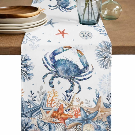 Crab Coastal Table Runner 120 Inches, Summer Beach Coral Starfish Ocean Bed Runner Dresser Scarves Tabletop for Indoor Outdoor Parties/Ceremony/Banquet, 13"x 120"