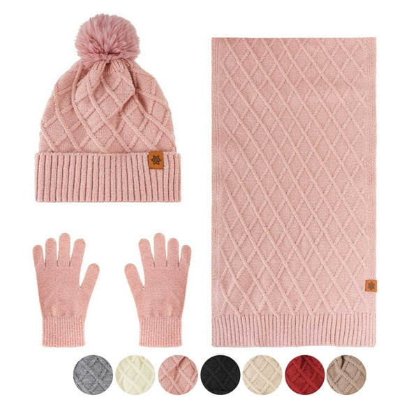 qolati Women Winter Hat Scarf Gloves 3 in 1 Set Warm Knit Beanie Hat Touchscreen Gloves Set Winter Long Scarf Fleece Lined Skull Caps for Women