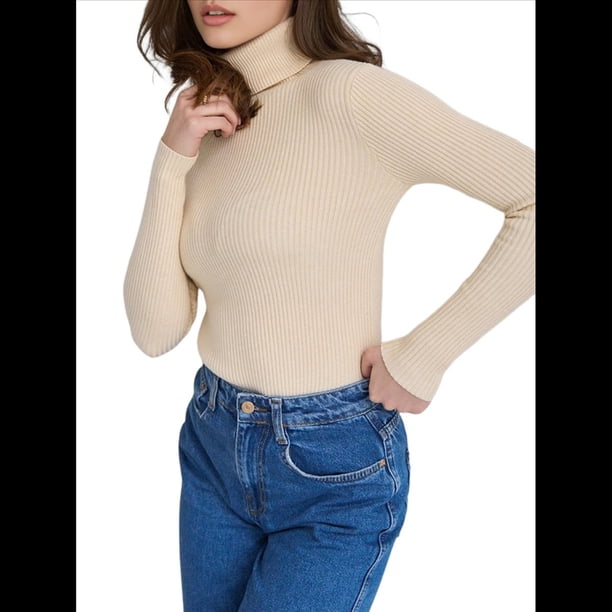 Suéteres Acanalados para Mujer, Lindos Suéteres de Punto de Cuello Alto, Ajustados y Cálidos Albaricoque un Tamaño