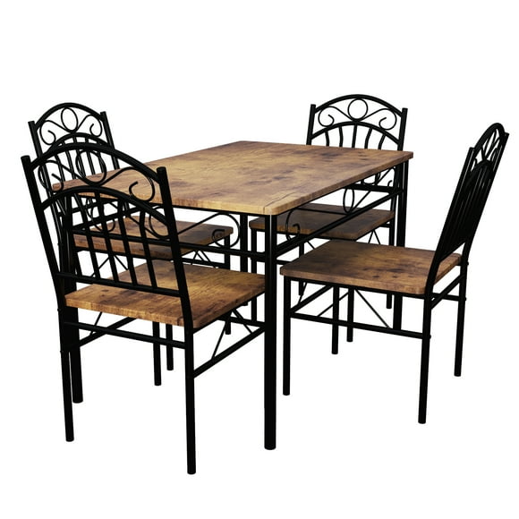 Dining Table Set for 4, 5-Piece Metal and Wood Rectangular Kitchen Table and Chairs, Space-Saving Kitchen and Dining Room Furniture for Small Spaces, Breakfast Nook, Charred Wood Finish