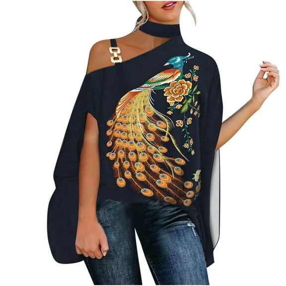 Fesfesfes Womens Tees Women Casual Half Sleeve Halter Neck Off Shoulder Printed And Solid Loose Pullover Blouse Tops Womens Work Shirts XL(US:10)