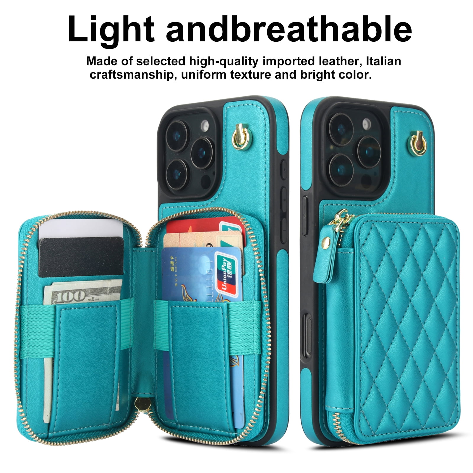 Compatible with iPhone 16 Pro 6.3 inch Wallet Phone Case Tempered Glass Screen Protector Wrist Crossbody Strap Stand Credit Card Holder RFID Slot Cell Cover for i Phone16 i16 16Pro Women Girls Green