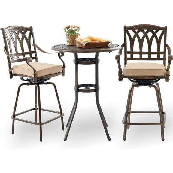 Bar Height Outdoor Table and Chairs, 3 PCS Cast Aluminum Patio Swivel Bar Set Include 31.5" Outdoor High Top Table and Barstool Set of 2 with Cushions