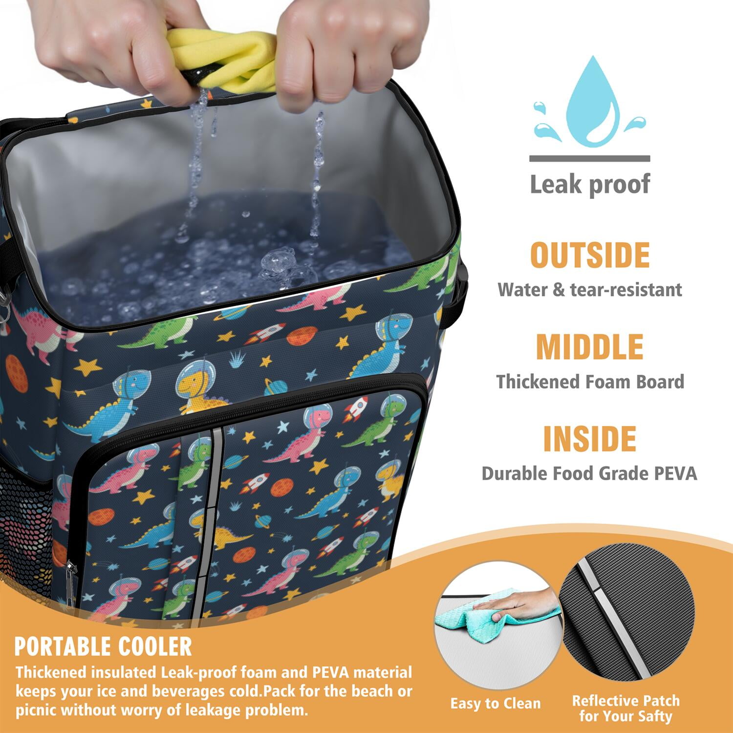 Travel Cooler Bag - Blue Cartoon Dinosaurs Rockets Pattern Camping Beer Cooler Backpack with Bottle Opener- Waterproof Insulated Picnic Backpacks - Cooler Bag for Beach
