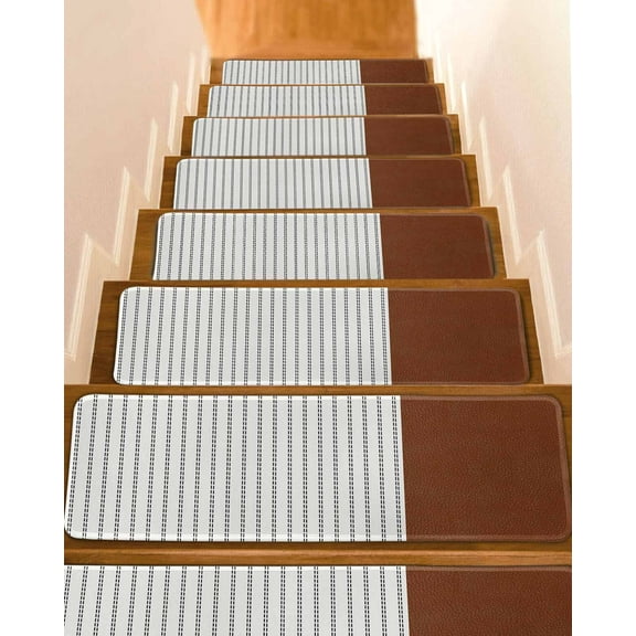 Boho Brown Leather Texture Stair Treads for Wooden Steps Indoor Runner Rug Carpet, Modern Black Striped 7 Pieces Peel and Stick Staircase Step Treads Covers Washable Throw Door Mats, 30"x8"