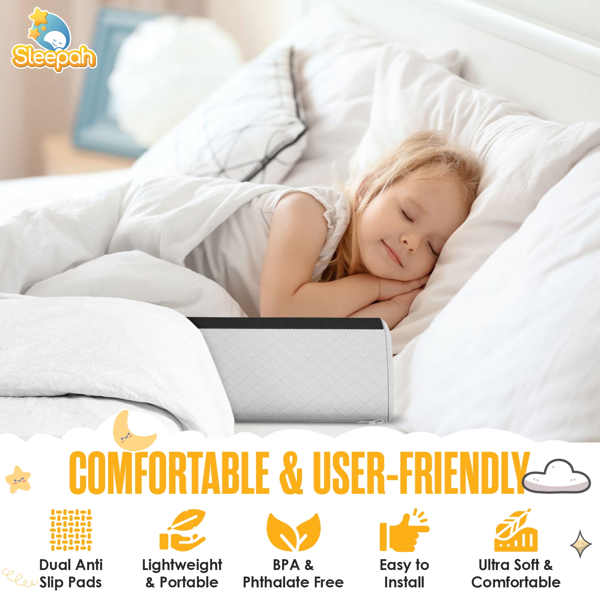 Sleepah Toddler Bed Rail - 2 Pack, Memory Foam, Dual Non-Slip Pads, Washable, White