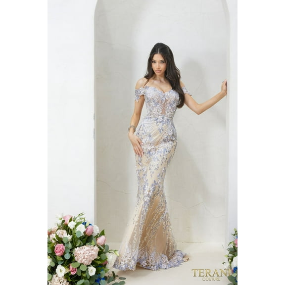 Women's Terani Couture 232GL1493 Long Trumpet Formal evening elegant Gown Cream8 Cream Nude