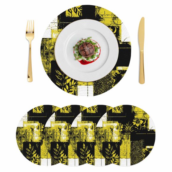 Yellow Black Round 15 Inch Placemats Set of 4, Modern Abstract Art Botanical HeatResistant Non Slip Place Mats for Dining Table, Wipeable Braided Kitchen Table Mats for Housewarming