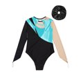 thumbnail image 4 of Haitryli Kids Girls Shiny Long Sleeve Gymnastics Dance Leotard Romper Yoga Biketard Unitard with Hair Band Set Turquoise&Black 10, 4 of 5