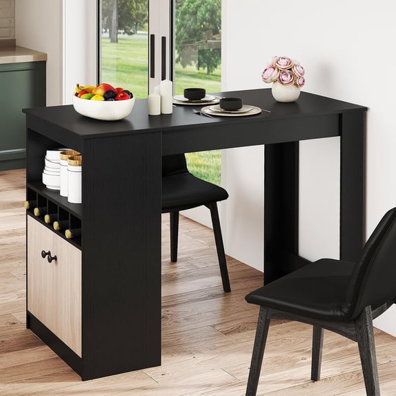 48 Inch Counter Height Bar Table with Storage Cabinet Wine Rack and Adjustable Shelf for Home Kitchen Pub Black Gray