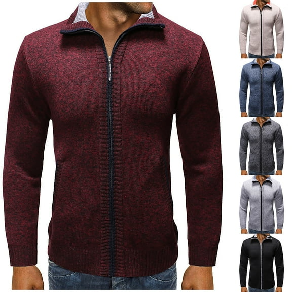 safuny Men's Classic Cardigan Sweaters Stand Collar Slim Casual Knitted Sweater long sleeve zipper Black L