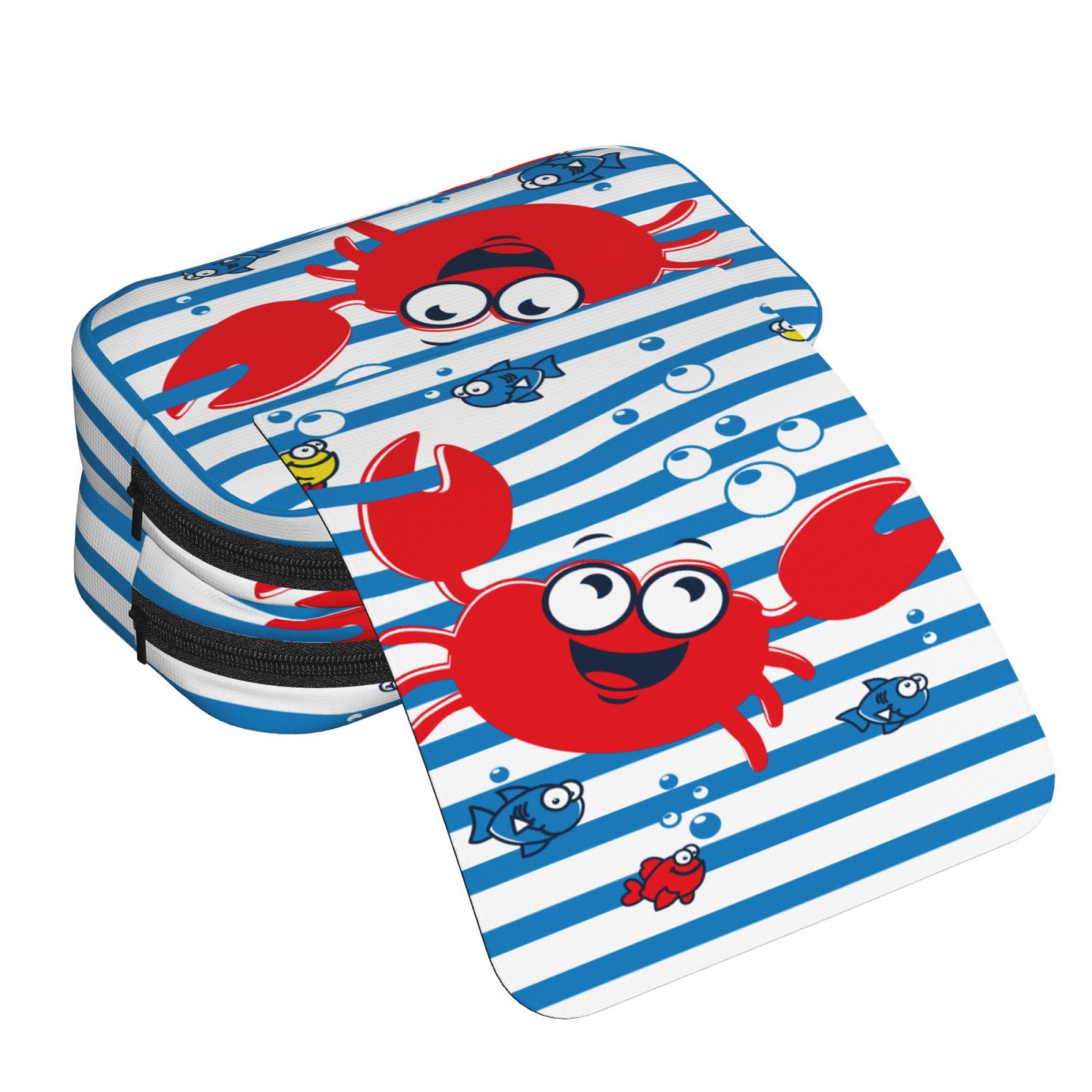 Rateoe Red Funny Crab on Blue Stripe Pattern Double Clamshell Pen Case, Storage Organizer with Two Zipper Compartments– Holds Up to 50 Pencils & Pens