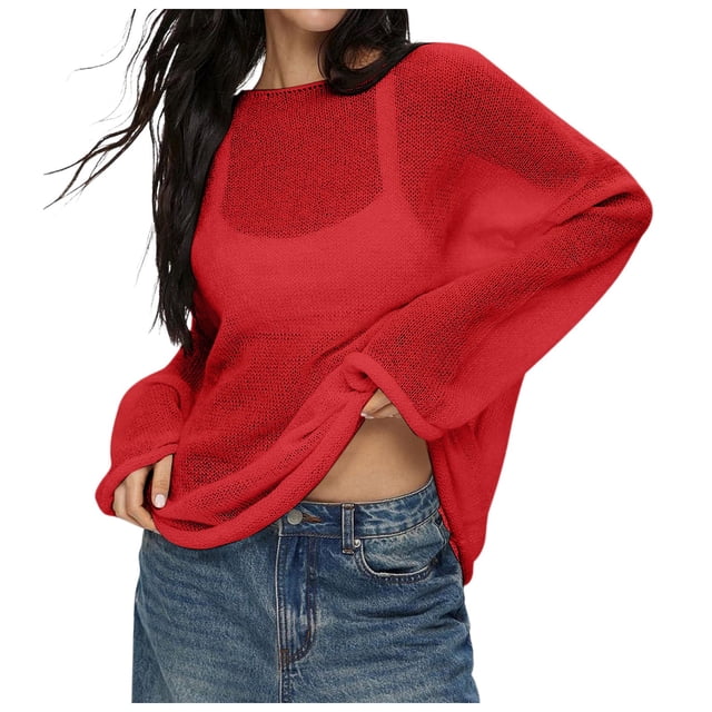 Chandails en Tricot à Mailles Transparentes à Manches Longues Oversize pour Femmes, Polyester, Été, Coupe Ample, Ajourés, Plage