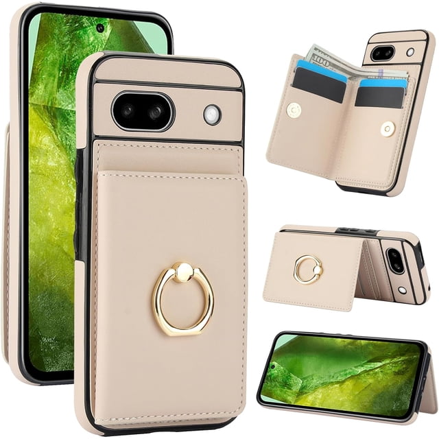 for Google Pixel 8A Wallet Case, Leather Case with Credit Card Holder and 360° Rotation Ring Stand, RFID Block Flip Leather Shockproof Cover