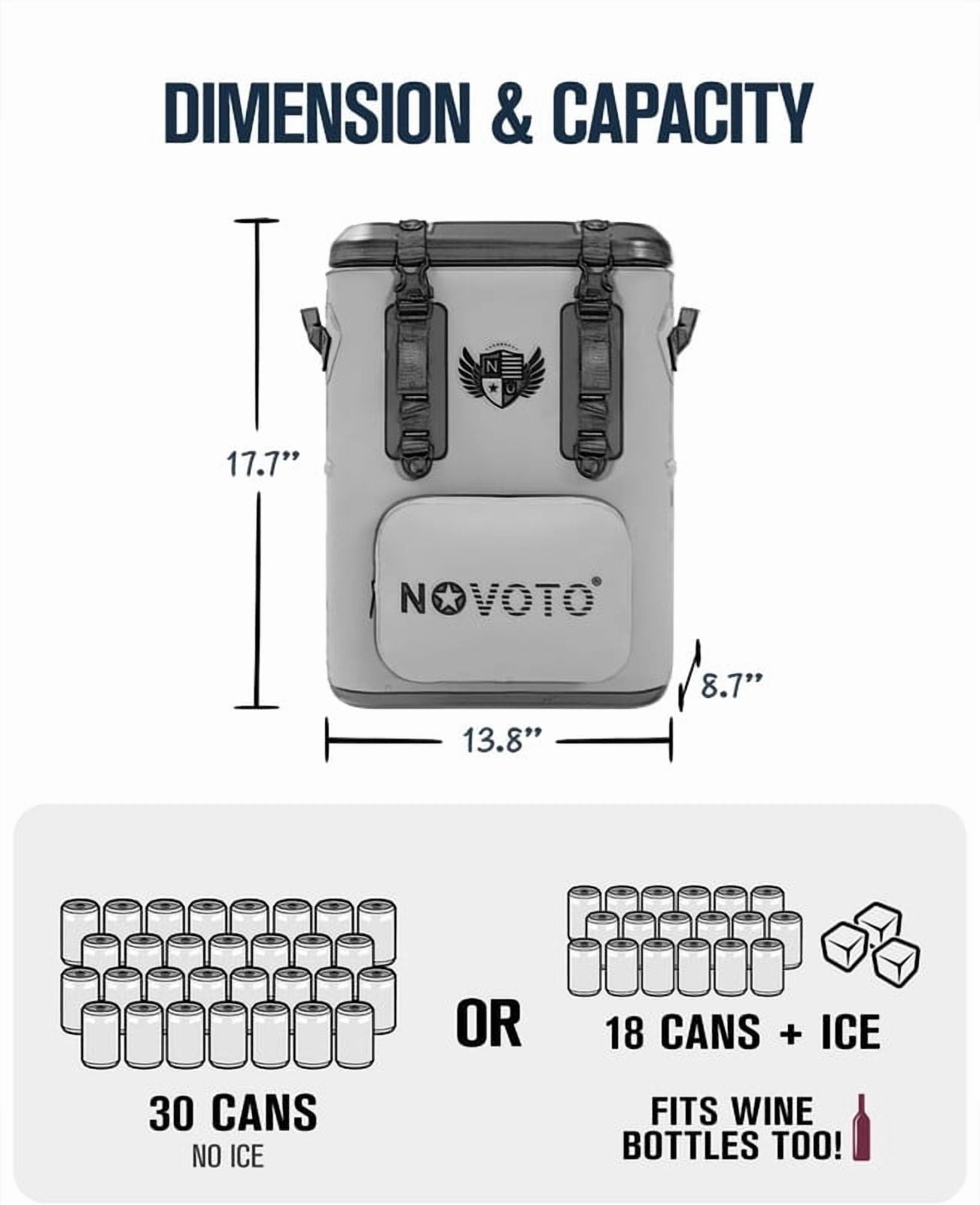 Novoto Magnetic Backpack Cooler 30Can, Zipperless Design, Insulated Soft Sided Cooler Bag for Men & Women, Portable Lunch Bag for Tailgating, Beach, Picnic, Kayak (Gray)