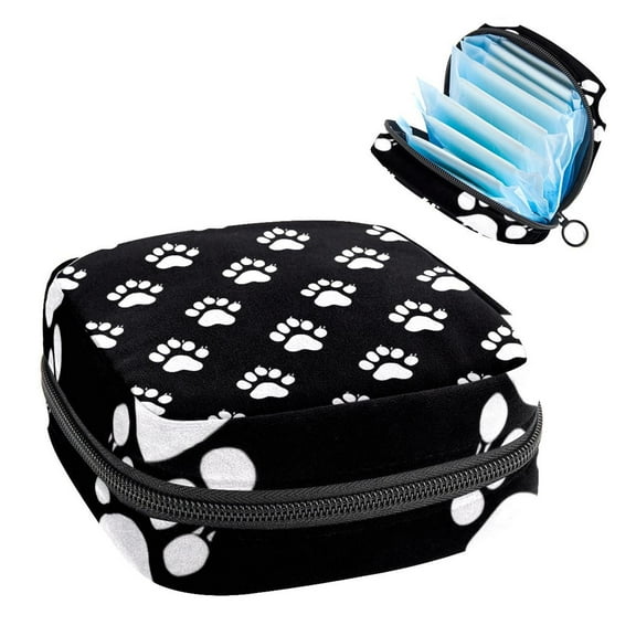Animal Paws Black Background Sanitary Napkin Storage Bag, Zipper Menstrual Cup Pouch Feminine Menstruation First Period Pads Holder for Girls Women Ladies