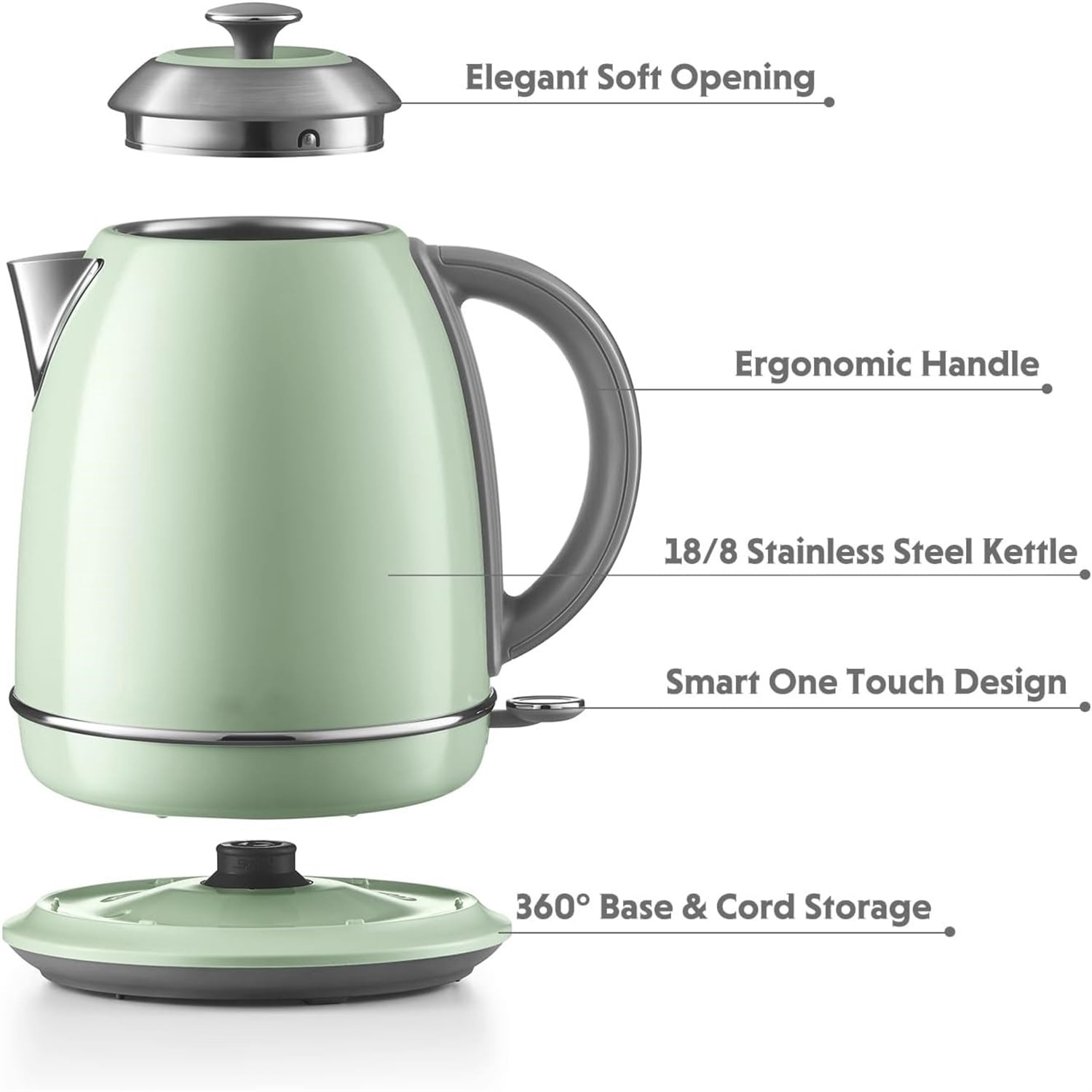 Stainless Steel Electric Tea Kettle with Auto Shut-Off and Boil Dry Protection, 1.7 Liter Cordless Hot Water Boiler with Swivel Base, 1440W, Cozy Greenish