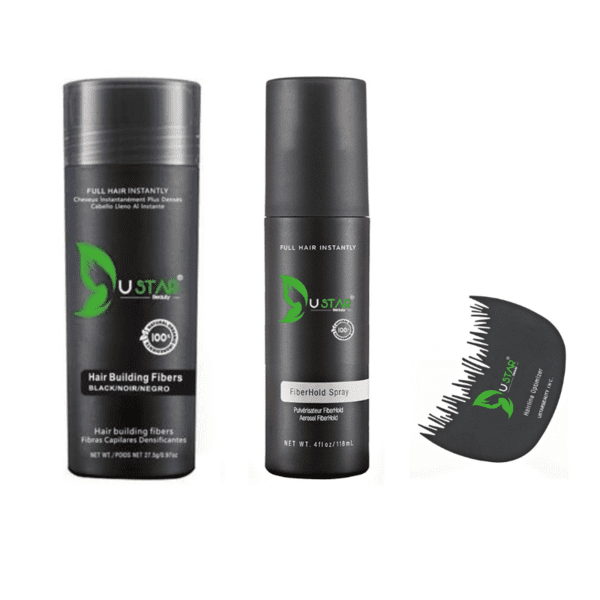 USTAR Hair Building Fibers 0.97oz / 27.5g 3 in 1 Pack(HAIR FIBERS, COMB, HOLD SPRAY)