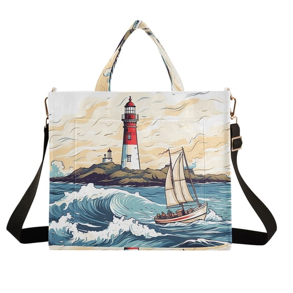 Lighthouse Ship Waves Island Corduroy Tote Bag Handbag Large Messenger Bag Shoulder Crossbody Zipper Bag Purse
