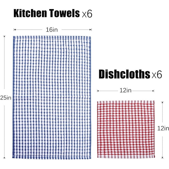 Kitchen Towels and Dishcloths Set, 16 x 25 and 12 x 12, Set of 12 Bulk Cotton Kitchen Towels Set, Dish Towels for Washing Dishes Dish Rags for Everyday Cooking and Baking