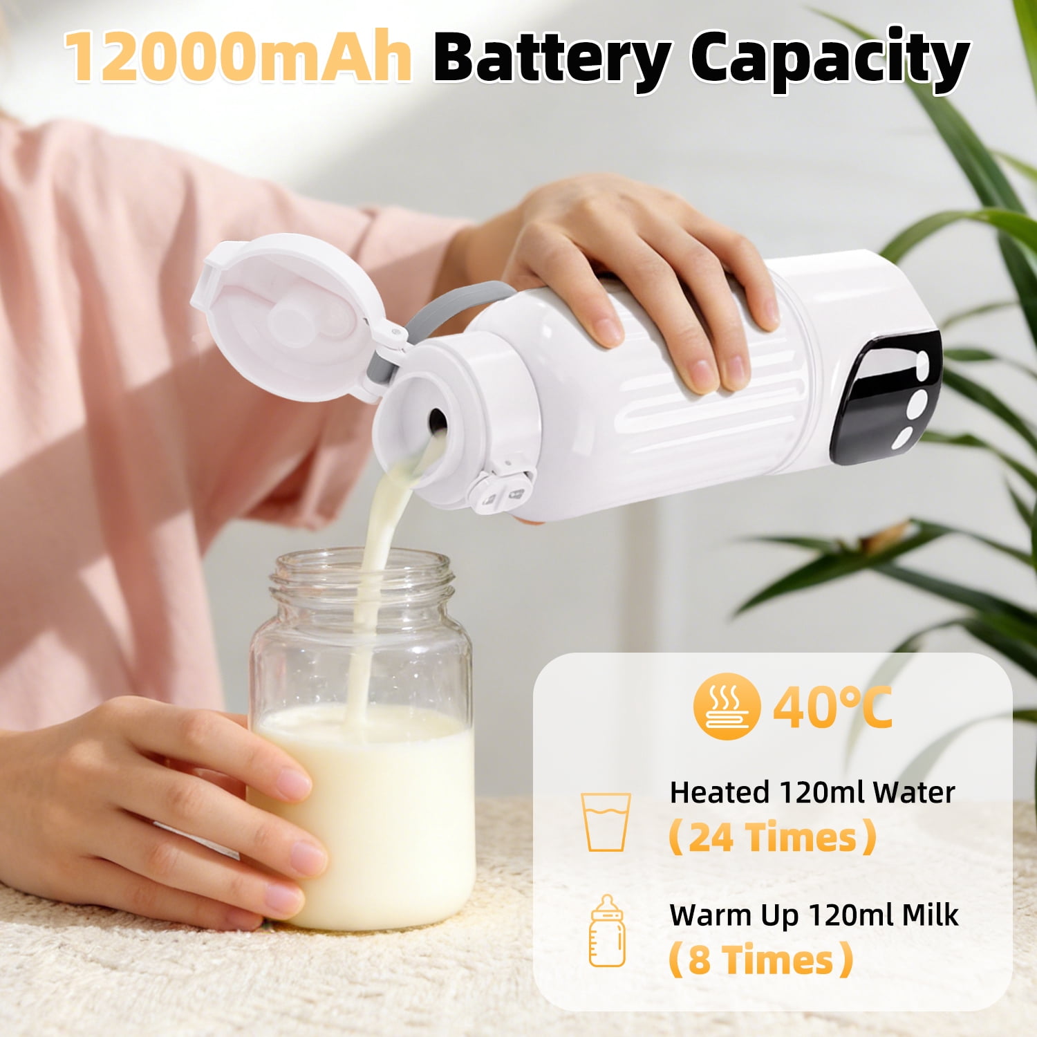 Portable Baby Bottle Warmer for Travel, 120W Fast Heating Breast Milk Warmer with 12000mAh Battery, 500ml, 2 Modes & Temp Control, On-the-Go Warmer with Cleaning Brush (White) for Newborns & Infants