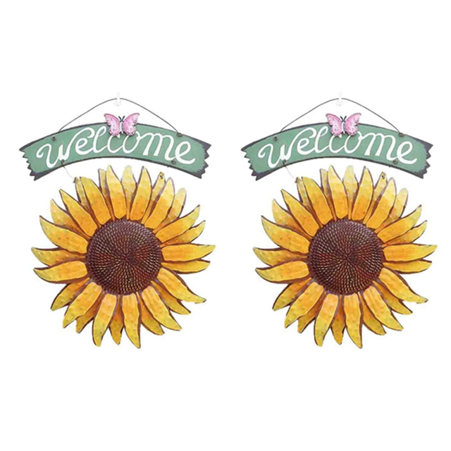 2X Garden Welcome Signs Metal Hanging Decorative Sunflower Outside Hand-Painted Welcome Plaque for Front Door