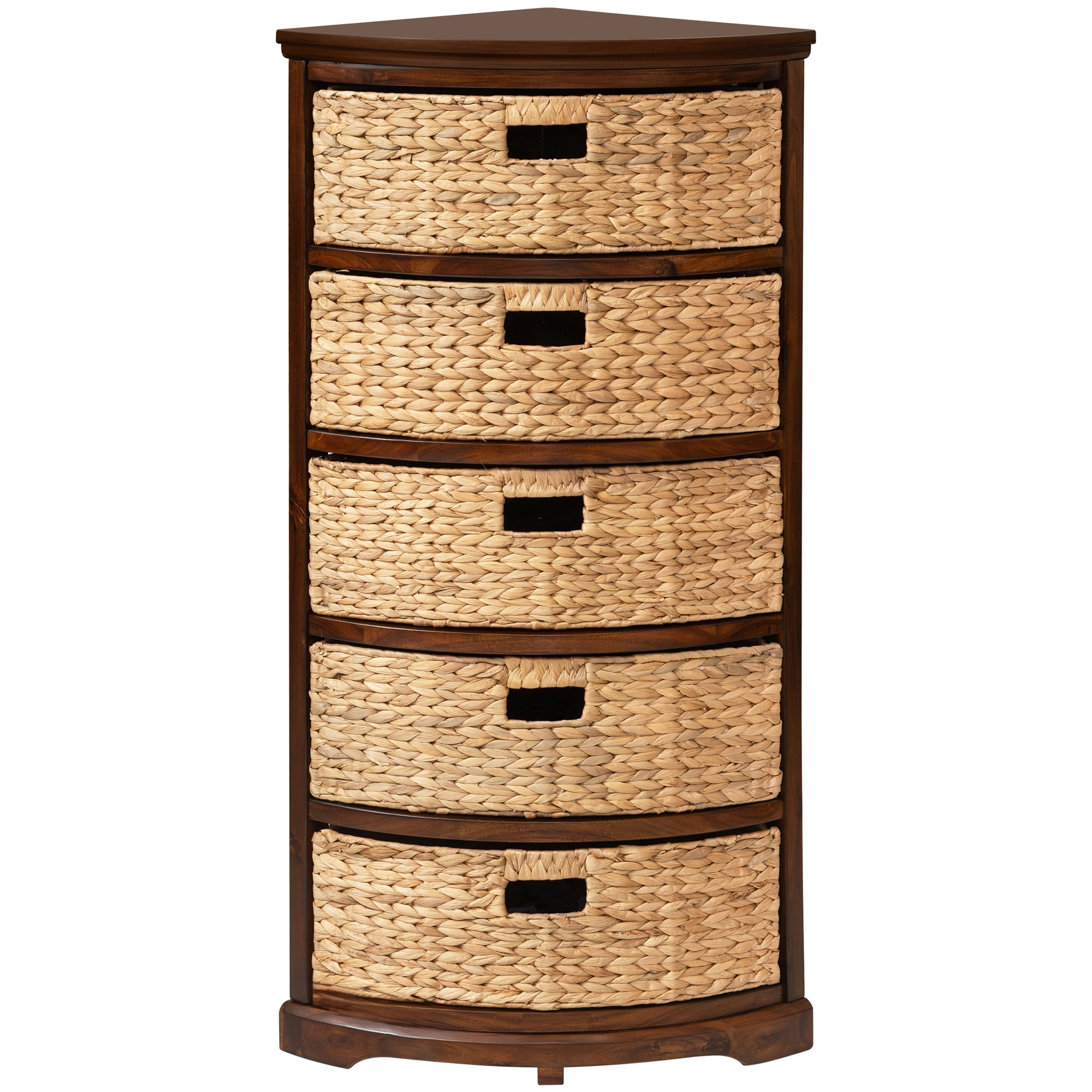 eHemco Hampton Meadows 5 Tier X-Side Corner Storage Cabinet with 5 Wicker Baskets, Walnut