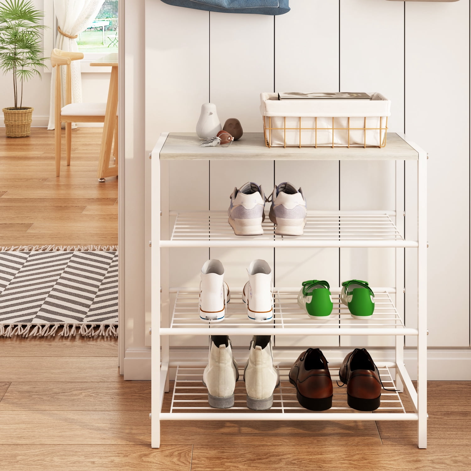 LENLN Metal Shoe rack with wood top, practical storage rack, multifunctional storage rack, Shoe Rack Organizer with Storage Shelves and Spacious Top，suitable for entrance hall, living room, bedroom,