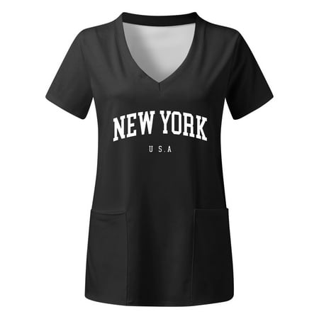 

New York Printed Working Uniform Womens Plus Size Top V Neck Short Sleeved Pockets Prints T Shirt Scrubs Uniform Nurses