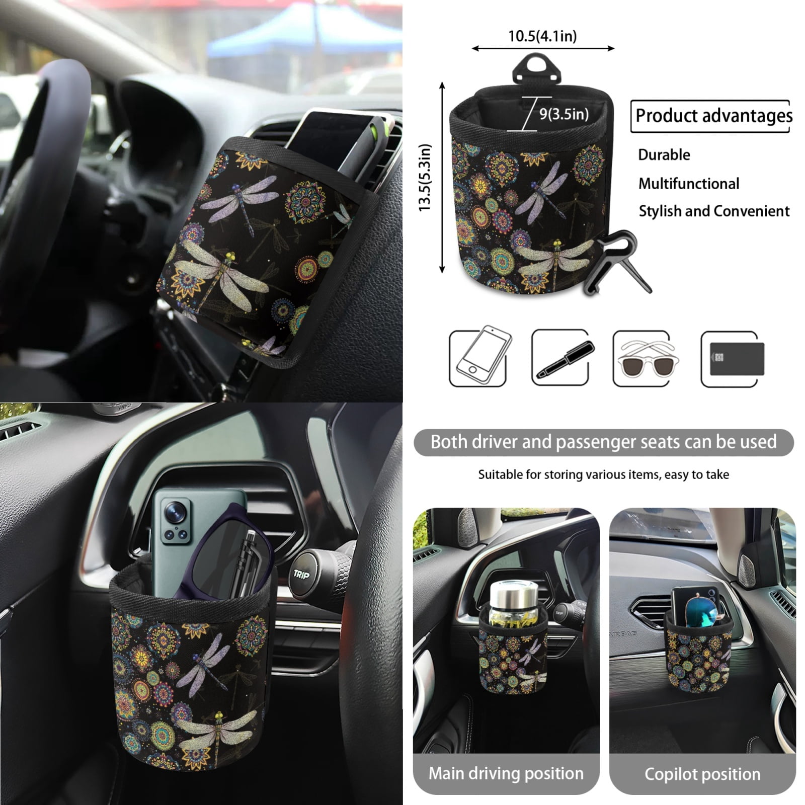 Garronmavis Hippie Flower Dragonfly Car Accessories Sets Auto Interior Decor Car Seat Covers Steering Wheel Cover Key Chain Lanyard Car Trash Can Car Dash Accessories Rearview Mirror Cover Cup Mats