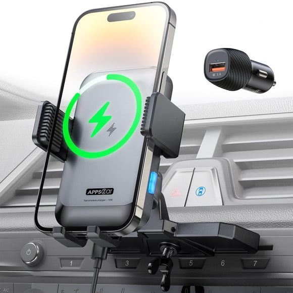 APPS2Car Wireless Car Charger Mount CD Slot Auto Clamping 15W Fast Charging CD Phone Holder for Car Wireless Charger Fit for iPhone 16 15 14 13 12 Pro Max, Samsung S23 U