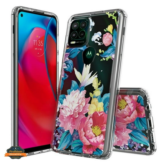 For Motorola Moto G Stylus 5G 2021 Floral Patterns Design Transparent TPU Shock Absorption Bumper Slim Hard Phone Case Cover by Xpression [Red Blooms Blossom]