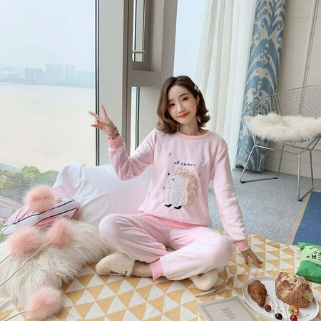 

DanceeMangoo Wholesale WAVMIT Autumn Winter Women Warm Flannel Pajama Set Thicken Girl Print Pyjama Set Long Sleeve Sleepwear Set Women